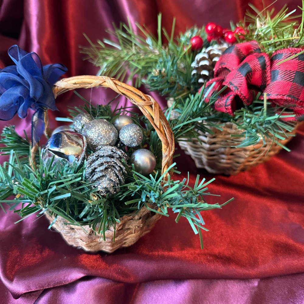 Set/2 Seasonal Evergreen Arrangements in Wicker Baskets Hand Crafted